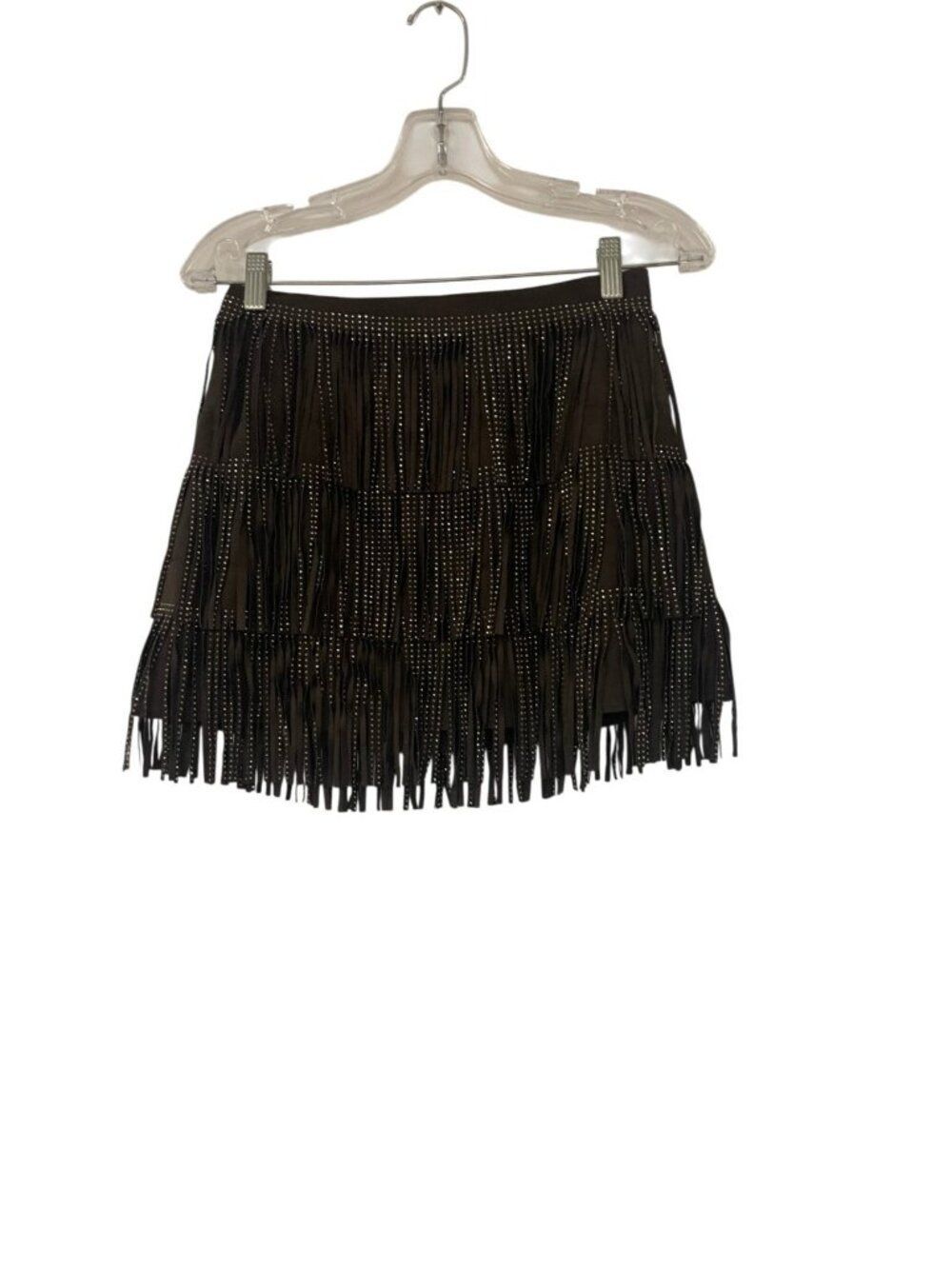 ZaraโWomens Mini Skirt Small Brown Faux Suede Fringed Studded Embellished NWOT